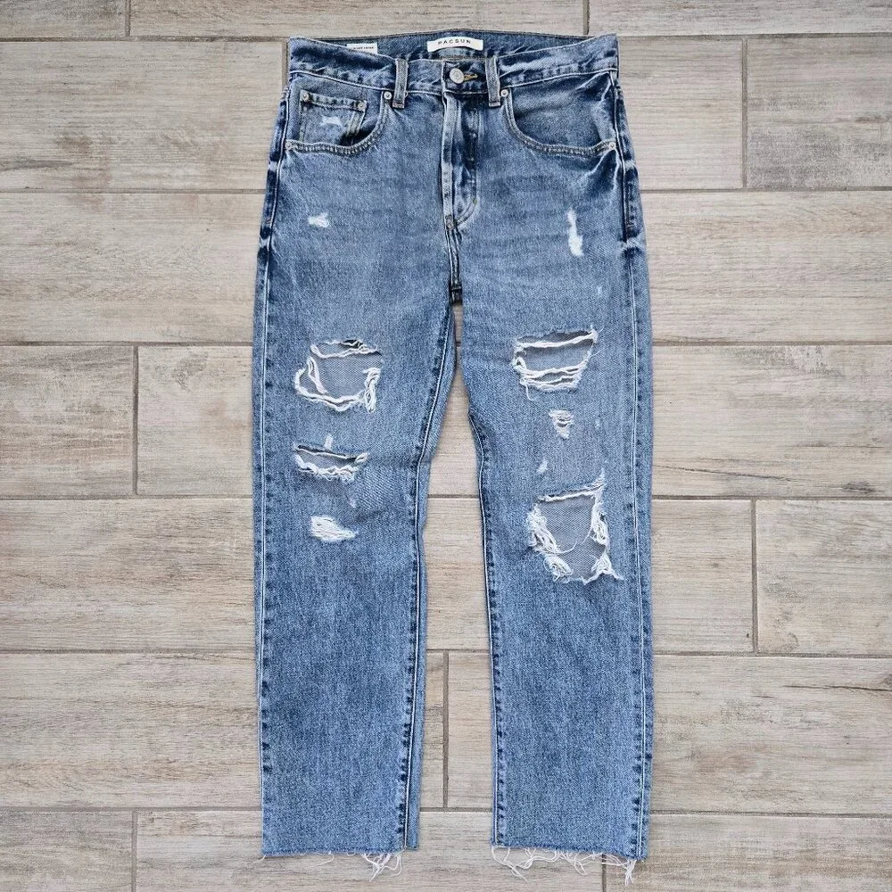 PacSun‎ Vintage Loose Distressed Jeans Women's Medium Wash Raw Hem Button Fly 29